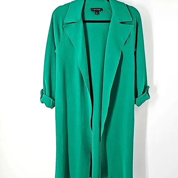 Ann Taylor Green Knee Length Duster Sweater w Rolled Sleeves+Side Slits - Picture 11 of 17